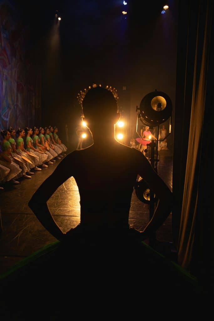 A ballerina silhouette stands on stage with a troupe of dancers in dramatic lighting.